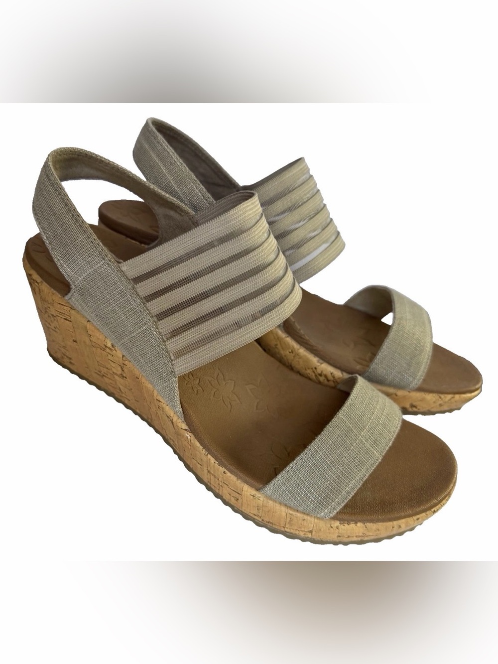 Skechers Sandals Beverlee Smitten Kitten Wedge Size 7 Taupe Strap Luxe Slingback